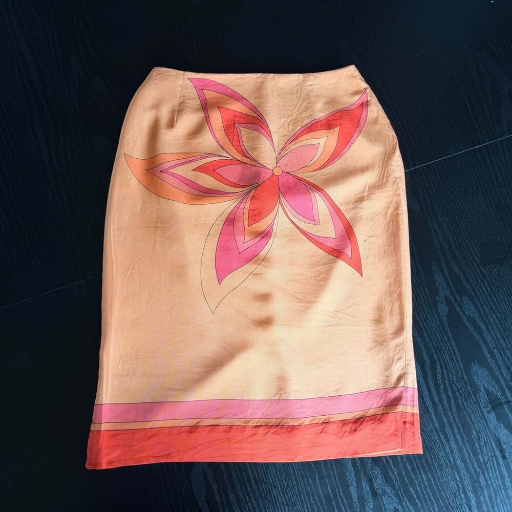 Finity Studio Floral Silk Skirt Size 2 Orange Pink Euro Y2K 2000s Retro